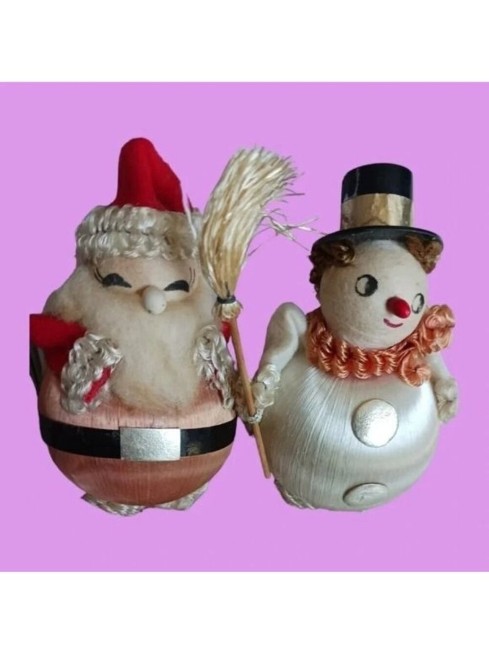 Vtg santa & snowman satin thread w/ chenille christmas ornament lot of 2